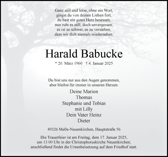 Traueranzeige von Harald Babucke von Neue Osnabrücker Zeitung GmbH & Co. KG