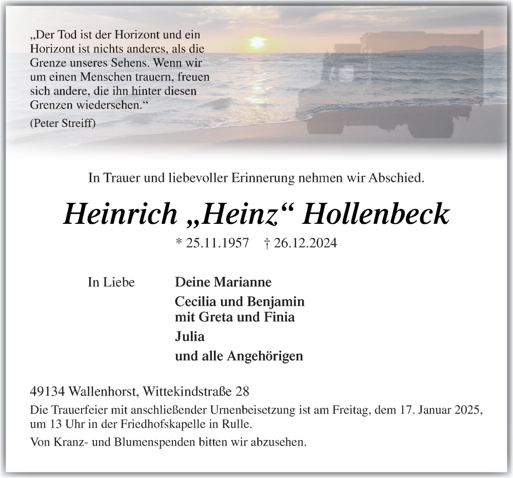  Traueranzeige für Heinrich Hollenbeck vom 04.01.2025 aus Neue Osnabrücker Zeitung GmbH & Co. KG