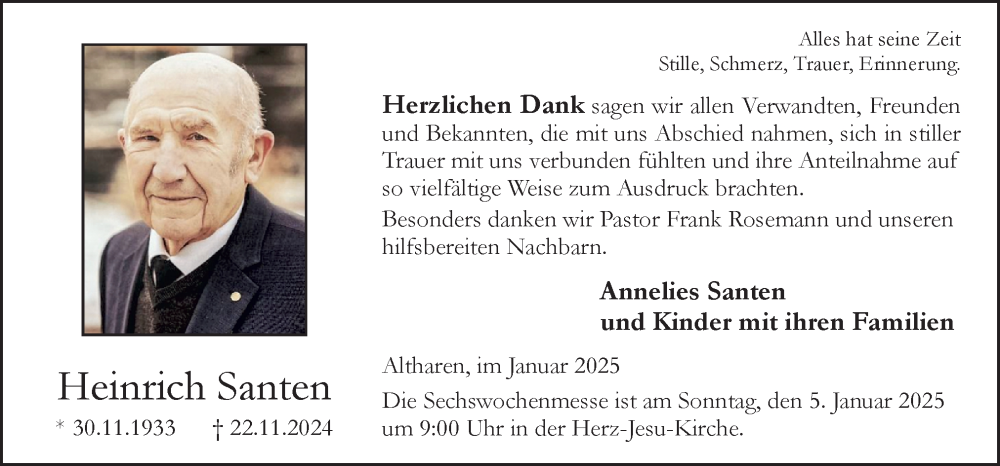  Traueranzeige für Heinrich Santen vom 02.01.2025 aus Neue Osnabrücker Zeitung GmbH & Co. KG