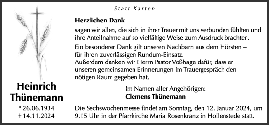 Traueranzeige von Heinrich Thünemann von Neue Osnabrücker Zeitung GmbH & Co. KG