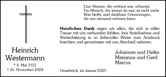 Traueranzeige von Heinrich Westermann von Neue Osnabrücker Zeitung GmbH & Co. KG