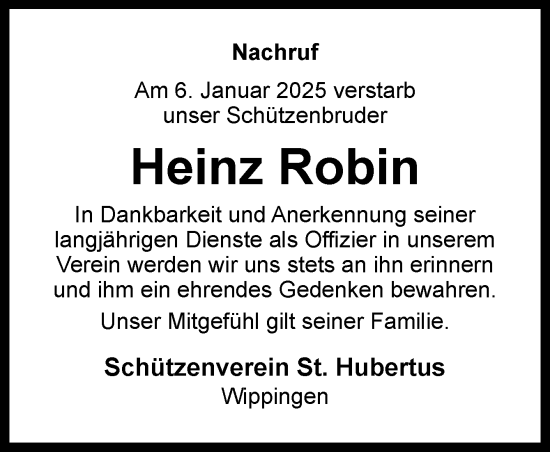 Traueranzeige von Heinz Robin von Neue Osnabrücker Zeitung GmbH & Co. KG