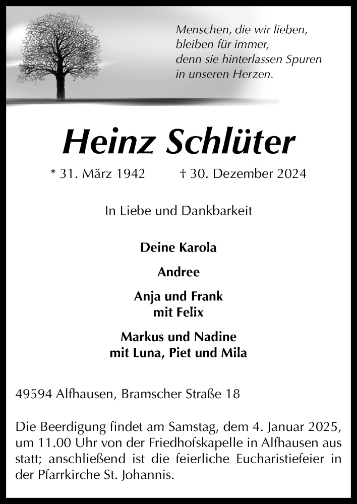  Traueranzeige für Heinz Schlüter vom 02.01.2025 aus Neue Osnabrücker Zeitung GmbH & Co. KG