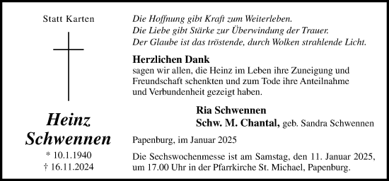 Traueranzeige von Heinz Schwennen von Neue Osnabrücker Zeitung GmbH & Co. KG