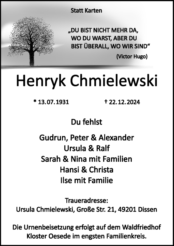  Traueranzeige für Henryk Chmielewski vom 04.01.2025 aus Neue Osnabrücker Zeitung GmbH & Co. KG