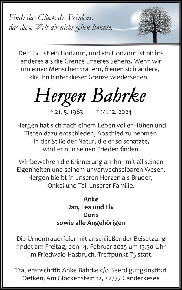  Traueranzeige für Hergen Bahrke vom 04.01.2025 aus DK Medien GmbH & Co. KG