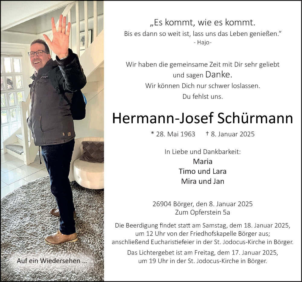  Traueranzeige für Hermann-Josef Schürmann vom 16.01.2025 aus Neue Osnabrücker Zeitung GmbH & Co. KG