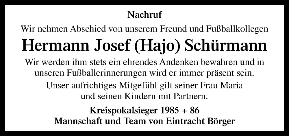  Traueranzeige für Hermann-Josef Schürmann vom 16.01.2025 aus Neue Osnabrücker Zeitung GmbH & Co. KG