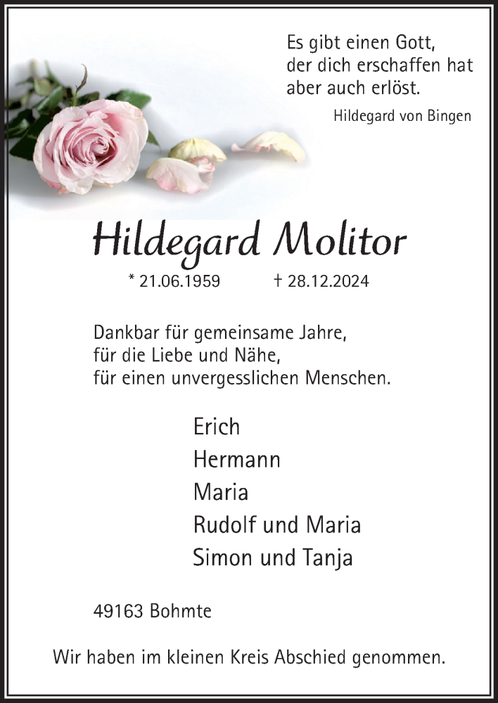 Traueranzeige für Hildegard Molitor vom 04.01.2025 aus Neue Osnabrücker Zeitung GmbH & Co. KG