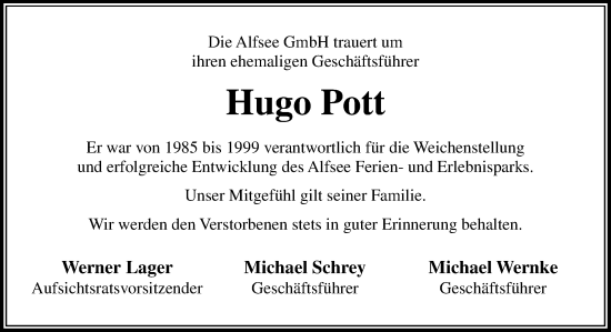 Traueranzeige von Hugo Pott von Neue Osnabrücker Zeitung GmbH & Co. KG