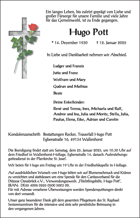 Traueranzeige von Hugo Pott von Neue Osnabrücker Zeitung GmbH & Co. KG