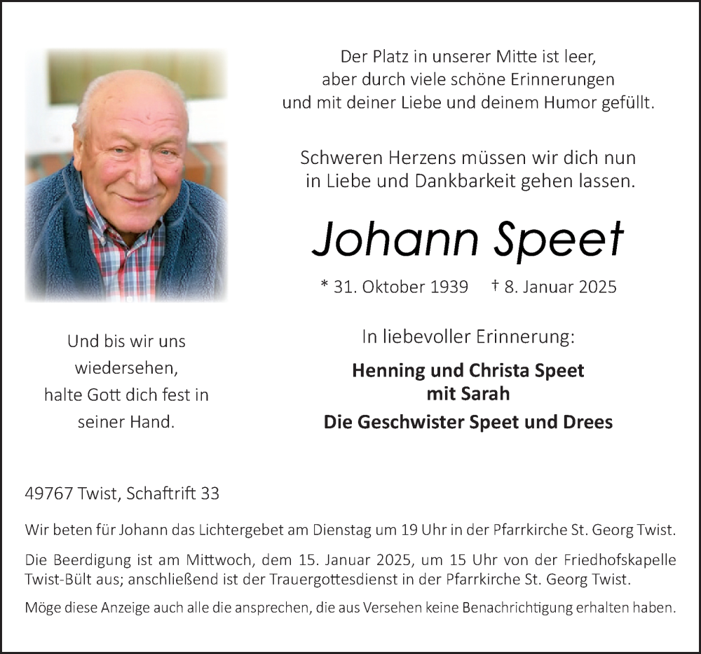  Traueranzeige für Johann Speet vom 11.01.2025 aus Neue Osnabrücker Zeitung GmbH & Co. KG