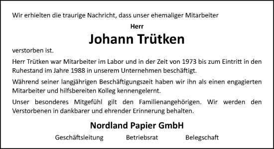 Traueranzeige von Johann Trütken von Neue Osnabrücker Zeitung GmbH & Co. KG