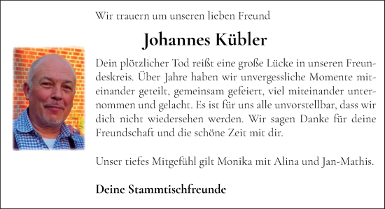 Traueranzeige von Johannes Kübler von Neue Osnabrücker Zeitung GmbH & Co. KG