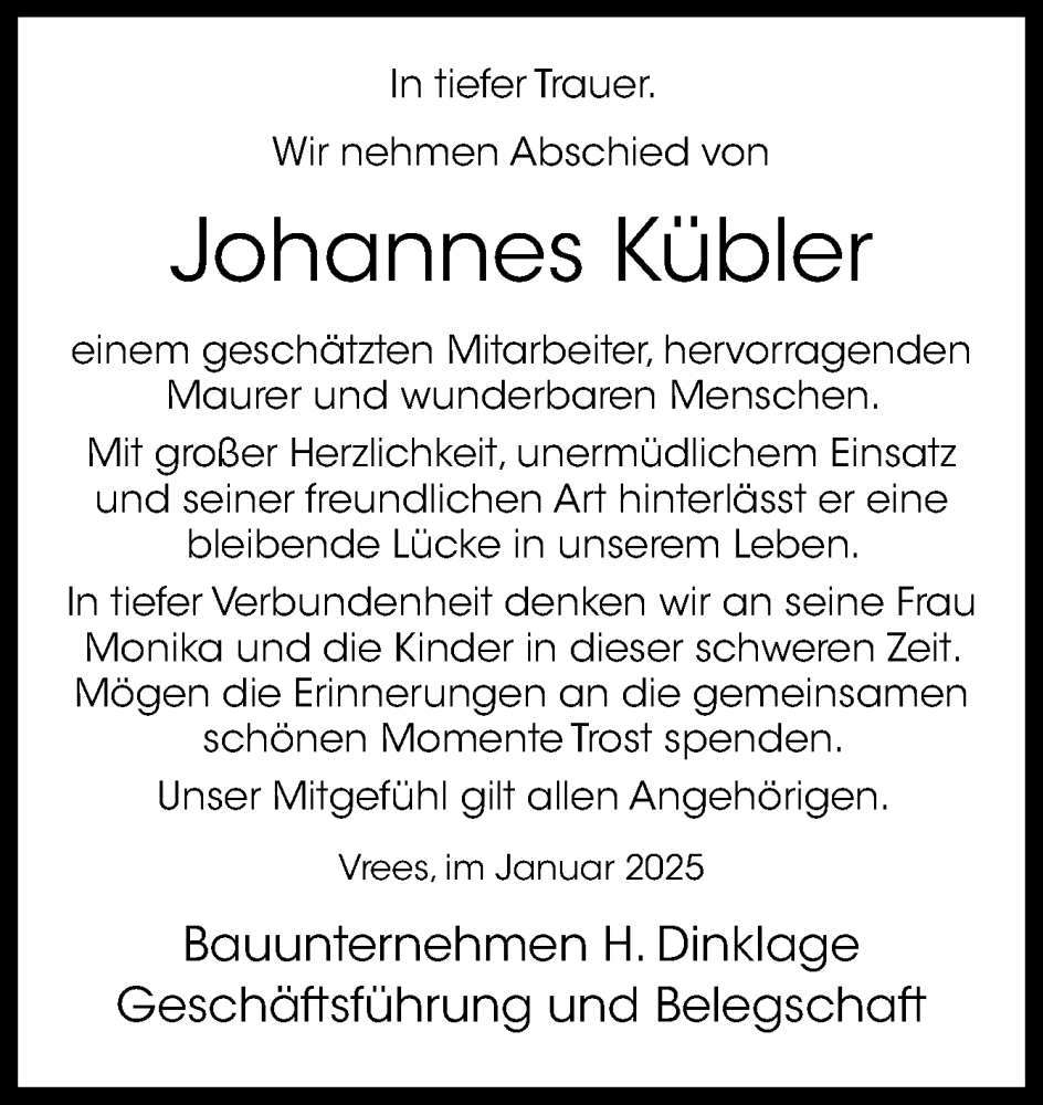  Traueranzeige für Johannes Kübler vom 29.01.2025 aus Neue Osnabrücker Zeitung GmbH & Co. KG