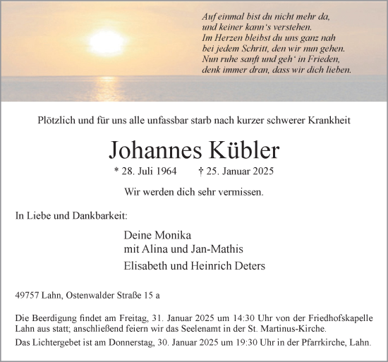 Traueranzeige von Johannes Kübler von Neue Osnabrücker Zeitung GmbH & Co. KG