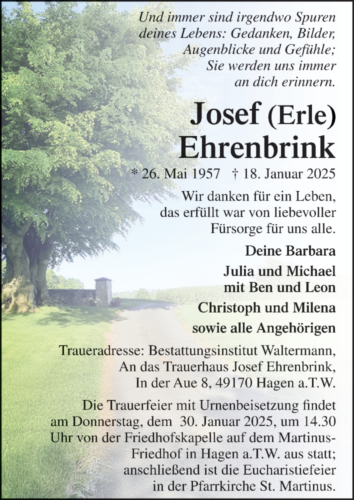  Traueranzeige für Josef Ehrenbrink vom 25.01.2025 aus Neue Osnabrücker Zeitung GmbH & Co. KG