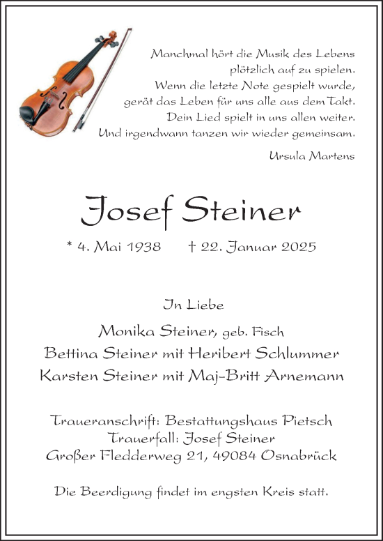 Traueranzeige von Josef Steiner von Neue Osnabrücker Zeitung GmbH & Co. KG