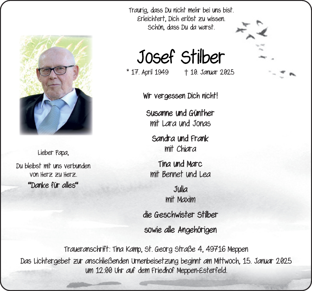  Traueranzeige für Josef Stilber vom 13.01.2025 aus Neue Osnabrücker Zeitung GmbH & Co. KG