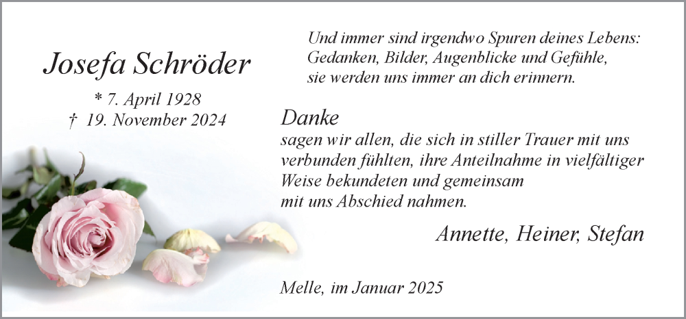  Traueranzeige für Josefa Schröder vom 04.01.2025 aus Neue Osnabrücker Zeitung GmbH & Co. KG
