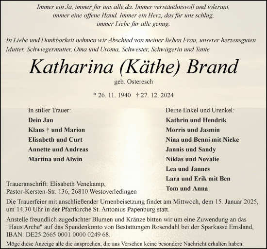 Traueranzeige von Katharina Brand von Neue Osnabrücker Zeitung GmbH & Co. KG