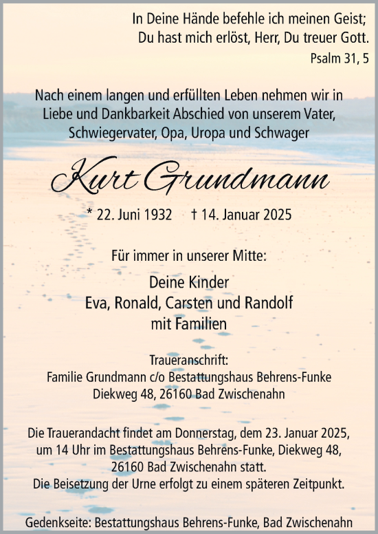 Traueranzeige von Kurt Grundmann von DK Medien GmbH & Co. KG