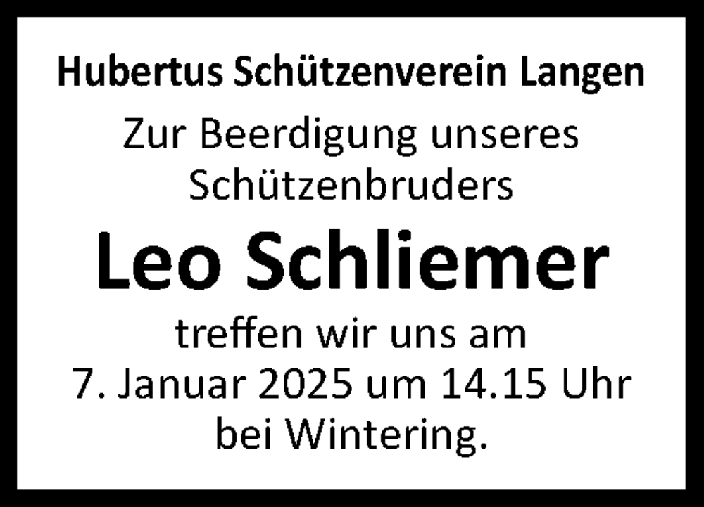  Traueranzeige für Leo Schliemer vom 04.01.2025 aus Neue Osnabrücker Zeitung GmbH & Co. KG