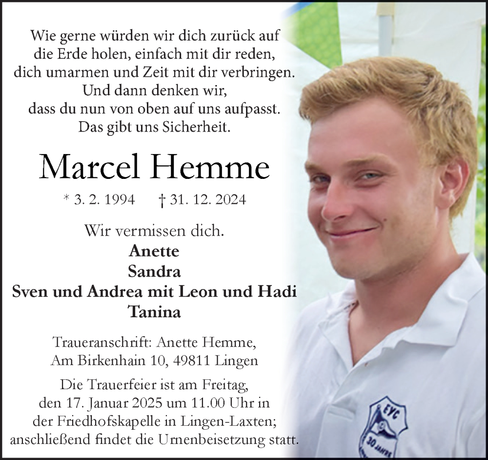  Traueranzeige für Marcel Hemme vom 11.01.2025 aus Neue Osnabrücker Zeitung GmbH & Co. KG