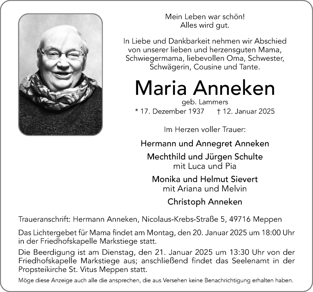  Traueranzeige für Maria Anneken vom 18.01.2025 aus Neue Osnabrücker Zeitung GmbH & Co. KG