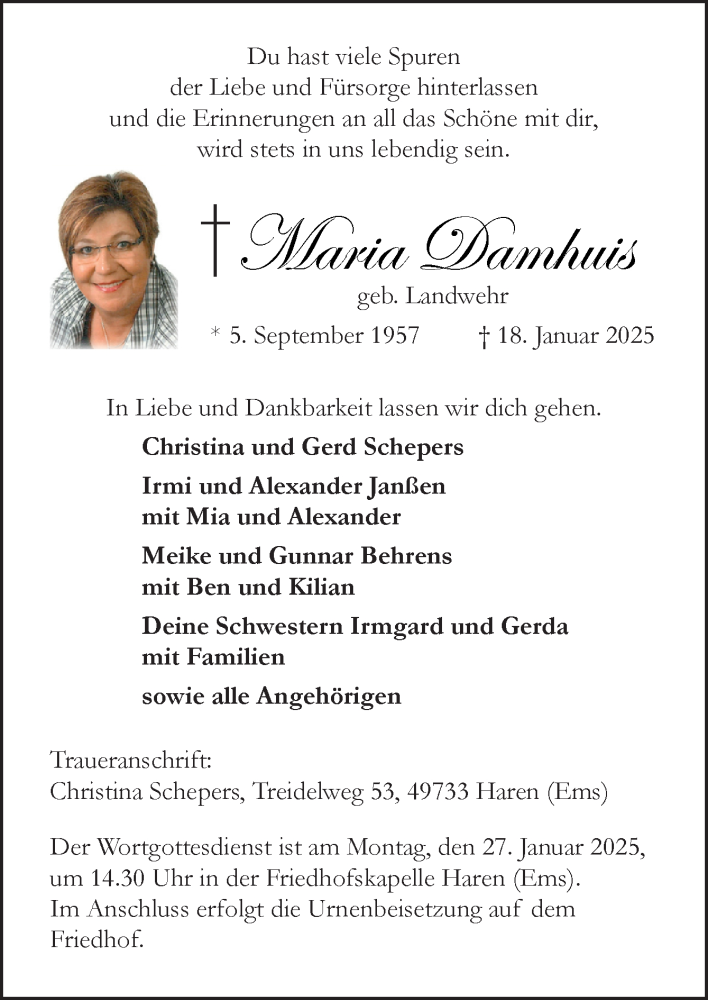  Traueranzeige für Maria Damhuis vom 25.01.2025 aus Neue Osnabrücker Zeitung GmbH & Co. KG