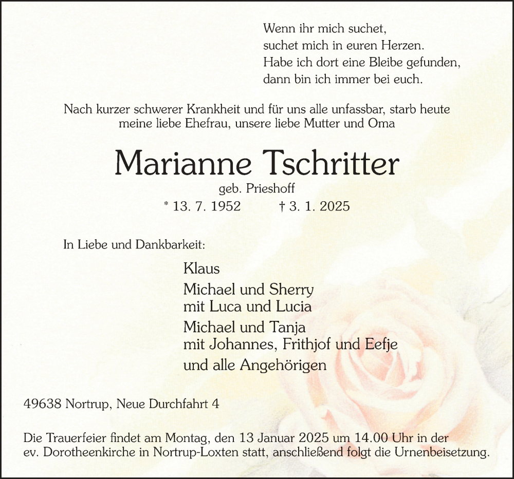  Traueranzeige für Marianne Tschritter vom 08.01.2025 aus Neue Osnabrücker Zeitung GmbH & Co. KG