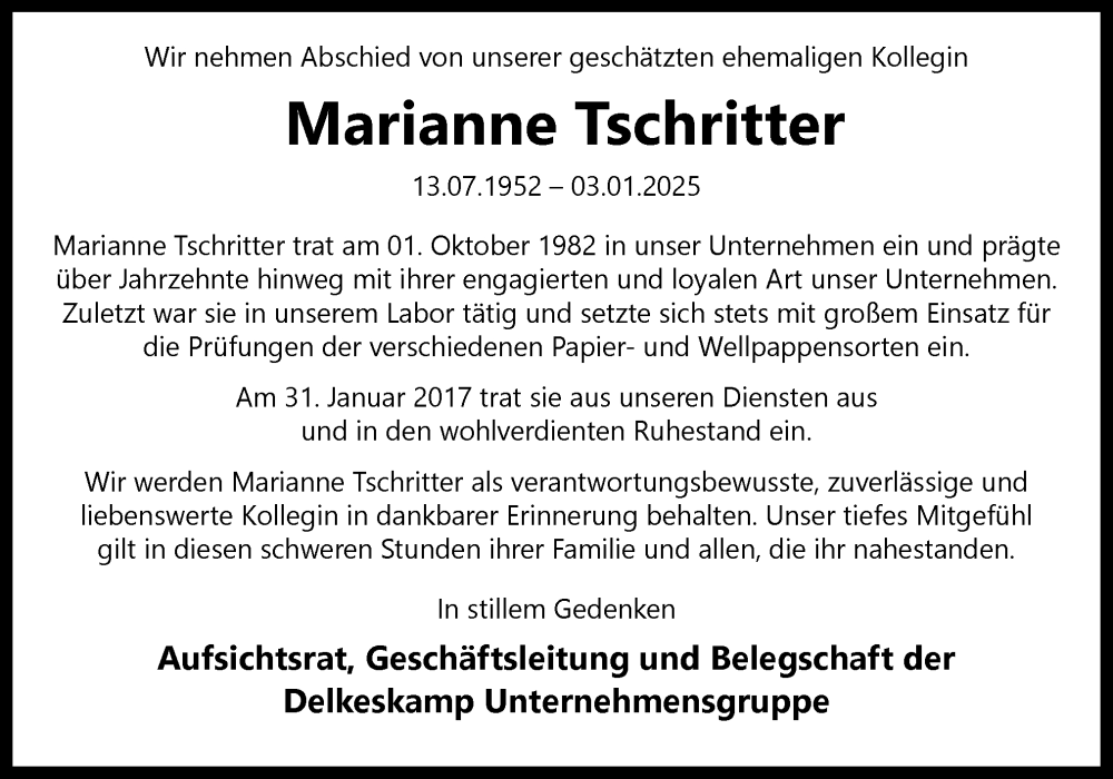  Traueranzeige für Marianne Tschritter vom 15.01.2025 aus Neue Osnabrücker Zeitung GmbH & Co. KG