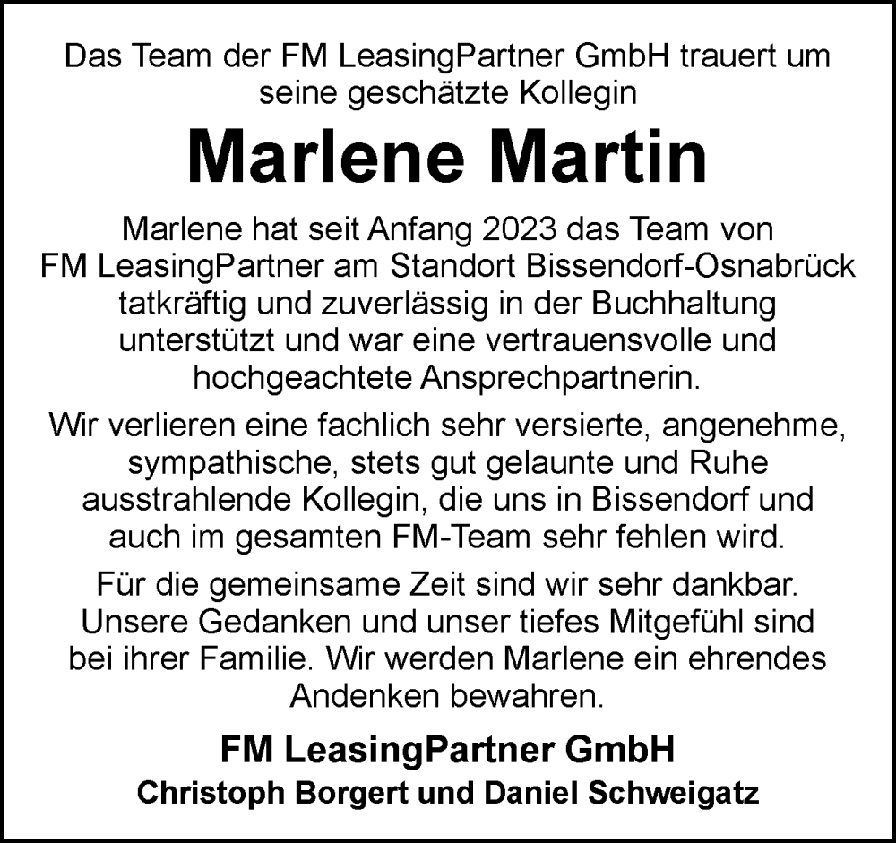  Traueranzeige für Marlene Martin vom 08.01.2025 aus Neue Osnabrücker Zeitung GmbH & Co. KG