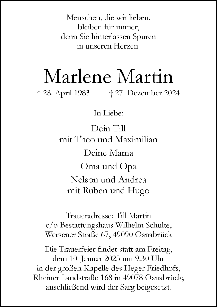  Traueranzeige für Marlene Martin vom 04.01.2025 aus Neue Osnabrücker Zeitung GmbH & Co. KG