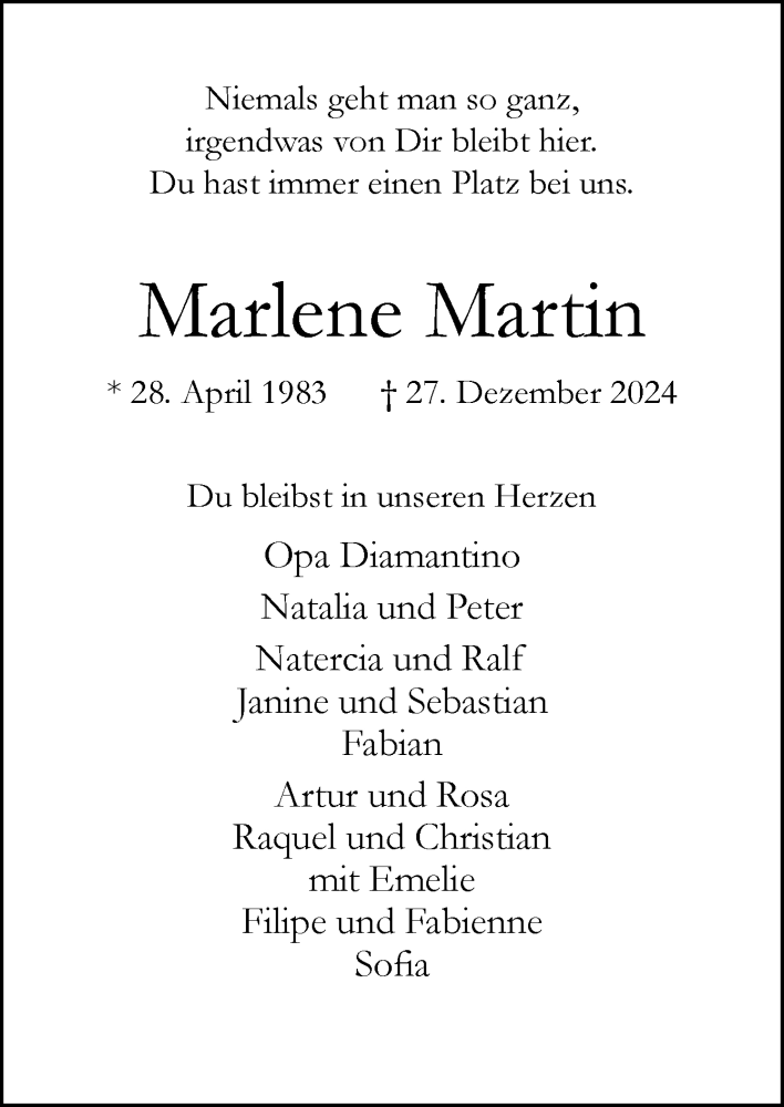  Traueranzeige für Marlene Martin vom 04.01.2025 aus Neue Osnabrücker Zeitung GmbH & Co. KG