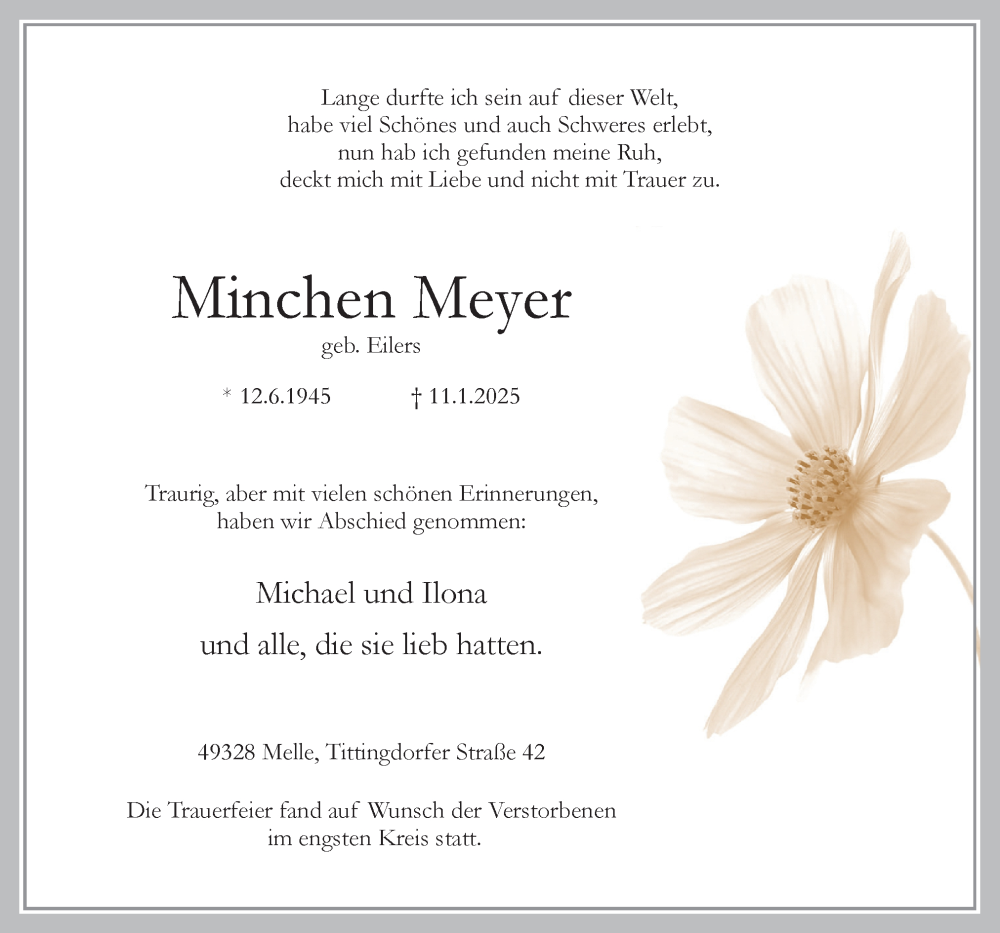  Traueranzeige für Minchen Meyer vom 25.01.2025 aus Neue Osnabrücker Zeitung GmbH & Co. KG