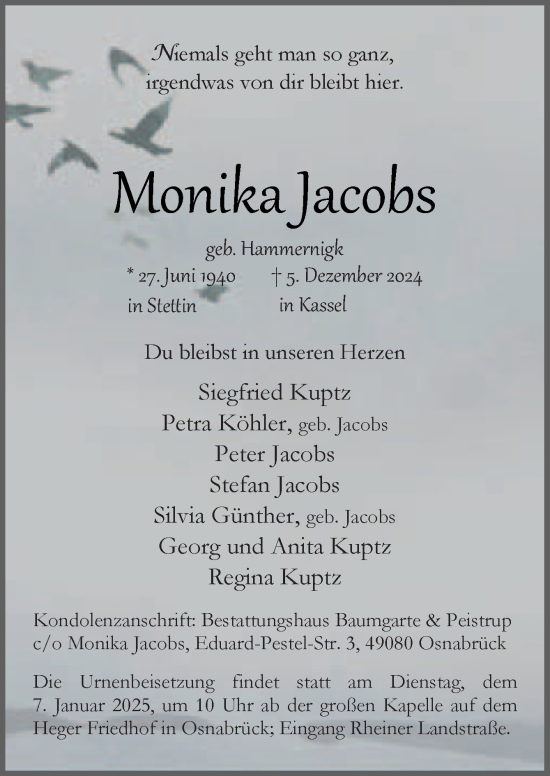 Traueranzeige von Monika Jacobs von Neue Osnabrücker Zeitung GmbH & Co. KG