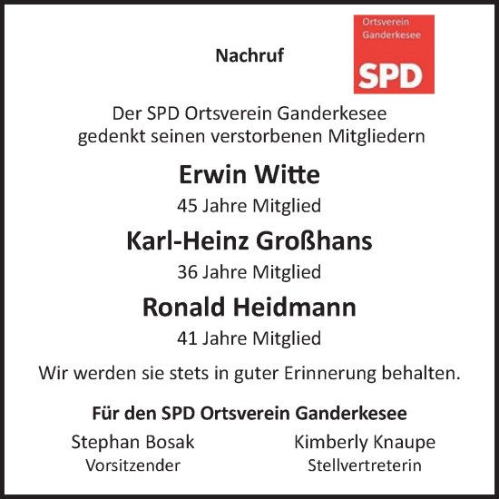 Traueranzeige von Nachruf Der SPD Ortsverein Ganderkesee von DK Medien GmbH & Co. KG
