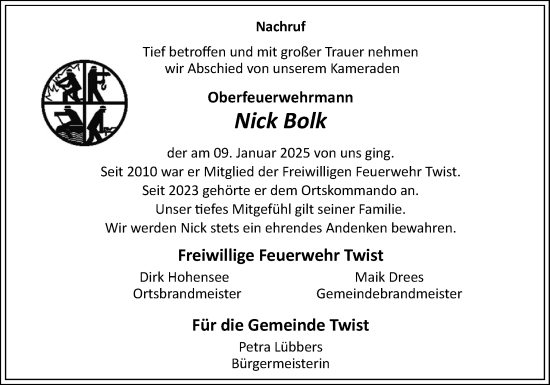 Traueranzeige von Nick Bolk von Neue Osnabrücker Zeitung GmbH & Co. KG