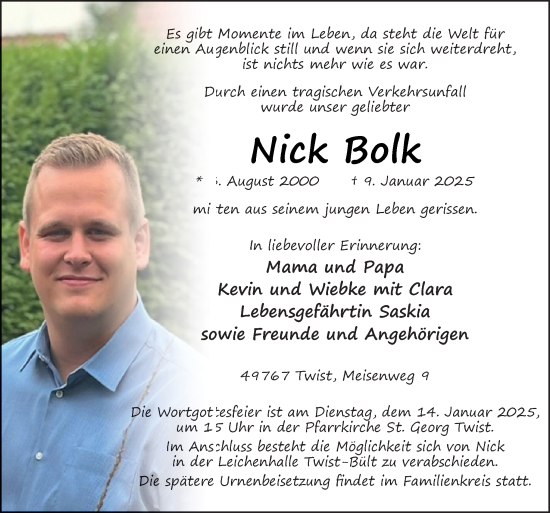 Traueranzeige von Nick Bolk von Neue Osnabrücker Zeitung GmbH & Co. KG