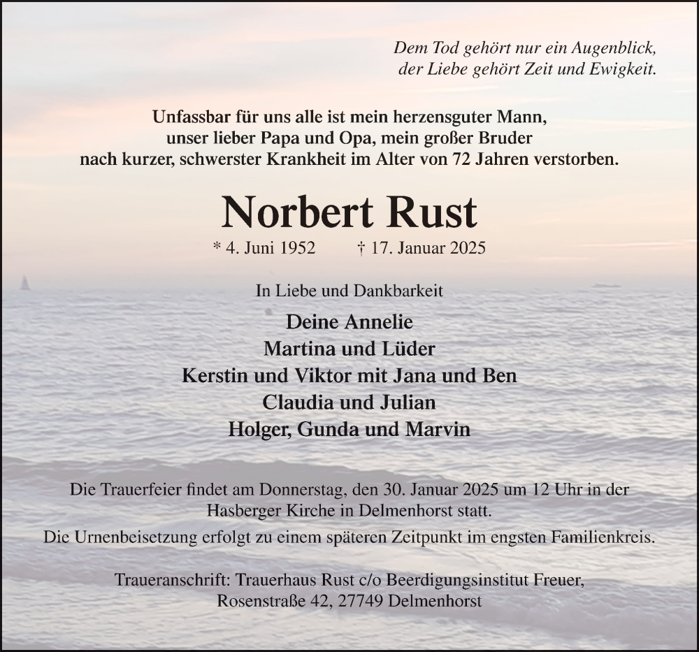  Traueranzeige für Norbert Rust vom 25.01.2025 aus DK Medien GmbH & Co. KG
