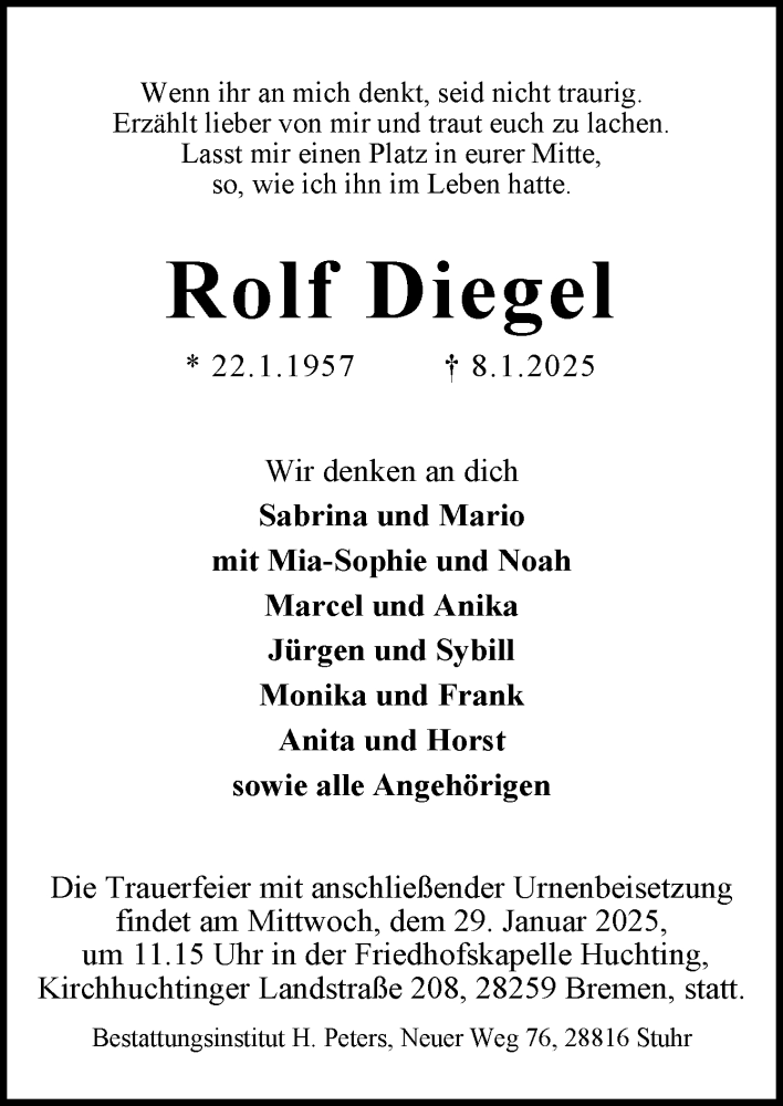  Traueranzeige für Rolf Diegel vom 18.01.2025 aus DK Medien GmbH & Co. KG