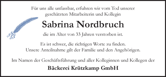 Traueranzeige von Sabrina Nordbruch von DK Medien GmbH & Co. KG