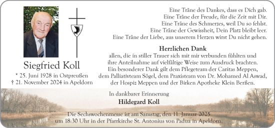 Traueranzeige von Siegfried Koll von Neue Osnabrücker Zeitung GmbH & Co. KG