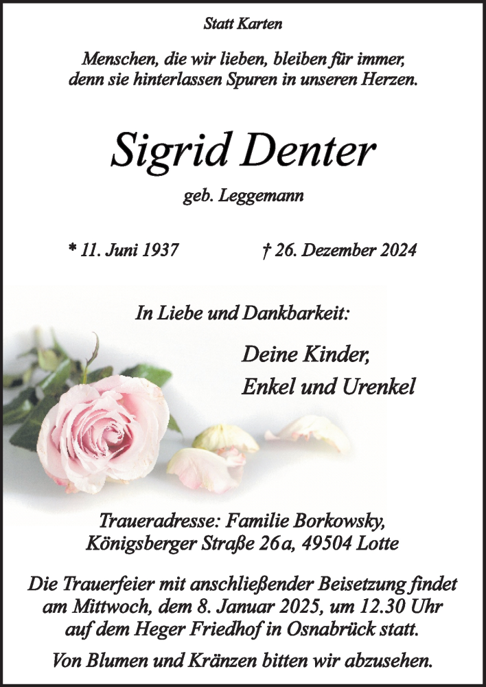  Traueranzeige für Sigrid Denter vom 03.01.2025 aus Neue Osnabrücker Zeitung GmbH & Co. KG