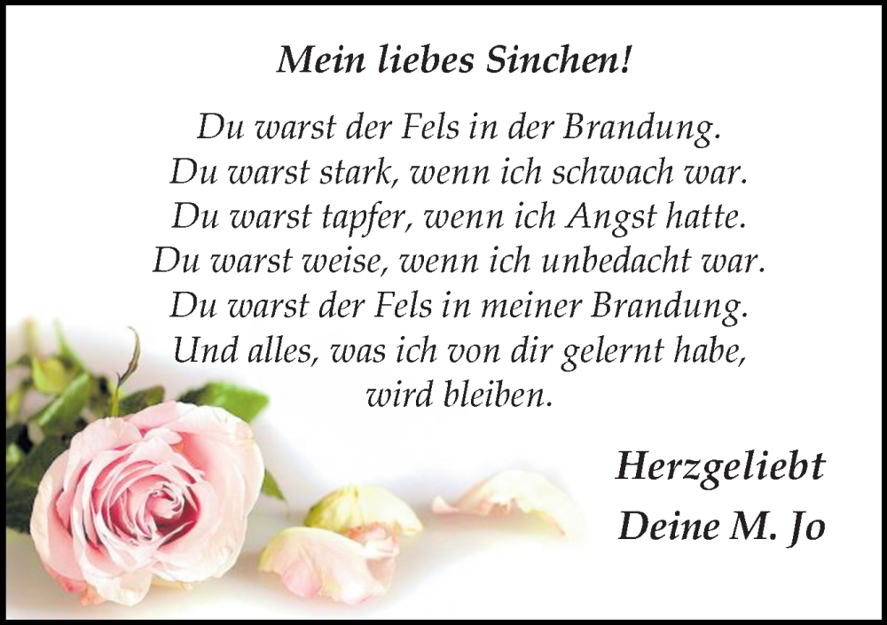  Traueranzeige für Sinchen  vom 11.01.2025 aus Neue Osnabrücker Zeitung GmbH & Co. KG