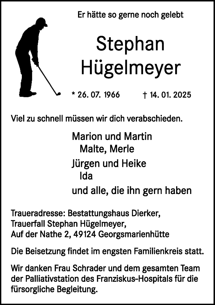  Traueranzeige für Stephan Hügelmeyer vom 18.01.2025 aus Neue Osnabrücker Zeitung GmbH & Co. KG