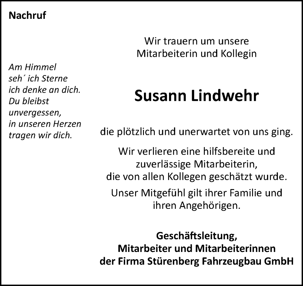  Traueranzeige für Susann Lindwehr vom 14.01.2025 aus Neue Osnabrücker Zeitung GmbH & Co. KG