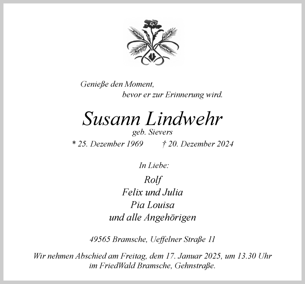  Traueranzeige für Susann Lindwehr vom 11.01.2025 aus Neue Osnabrücker Zeitung GmbH & Co. KG