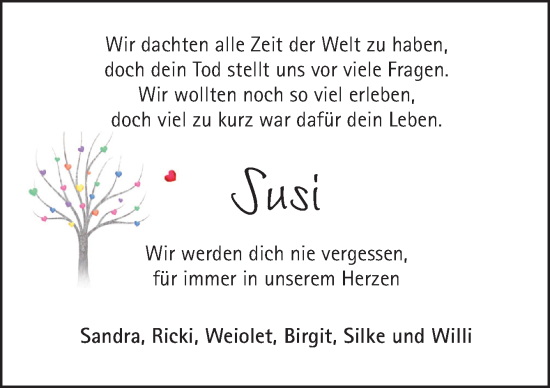 Traueranzeige von Susi  von Neue Osnabrücker Zeitung GmbH & Co. KG
